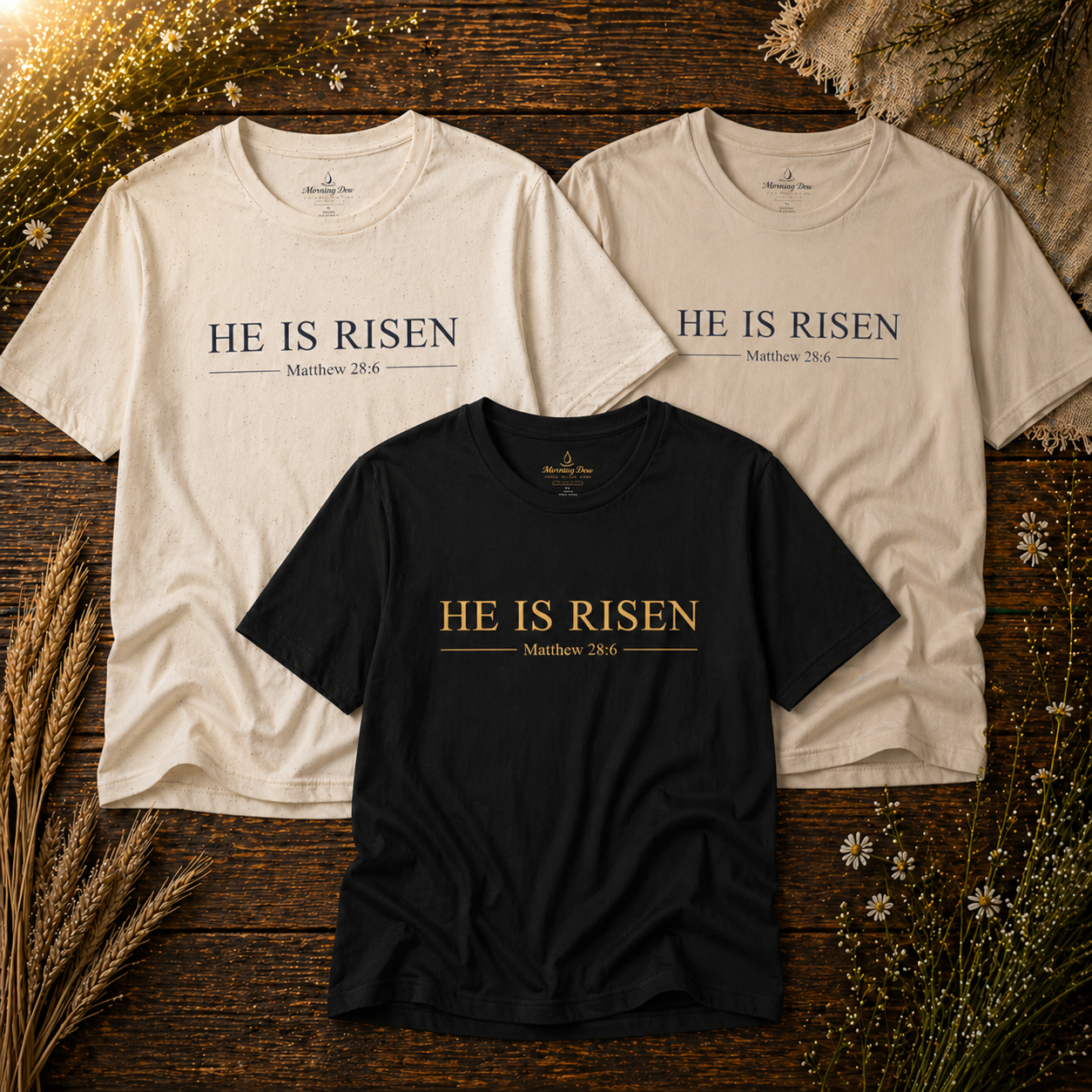 He Is Risen Matthew 28:6 faith-based shirt mockup in Natural, Sand, and Black